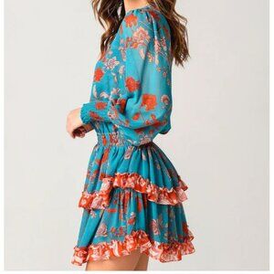 MISA Los Angeles Camila Floral Long Sleeve Tiered Ruffle Mini Dress Teal Red L